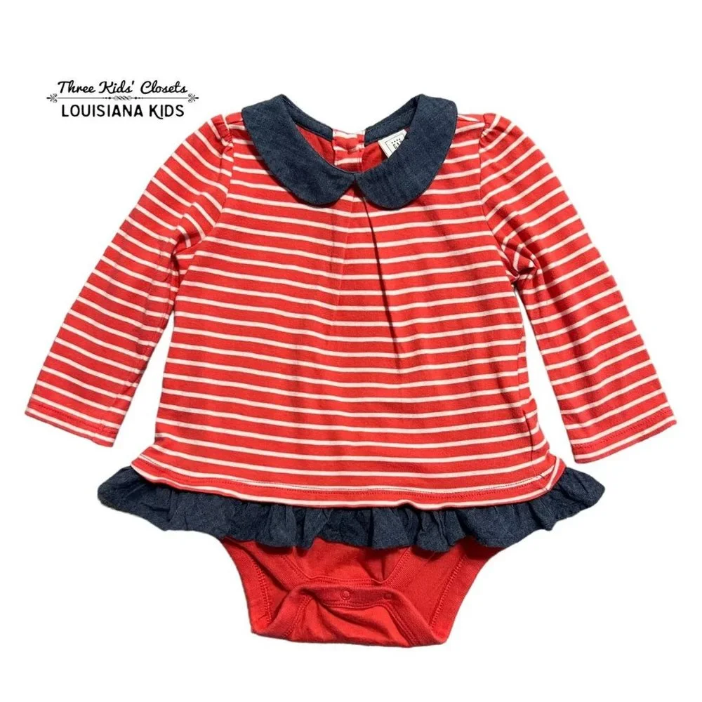 Baby Gap 6-12m Coral Striped Chambray Ruffles Bodysuit Onesie